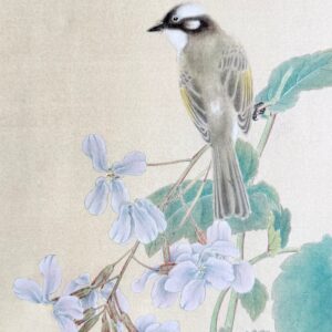 Fine Brush Painting of Flowers & Birds - White-headed Duck with Flower